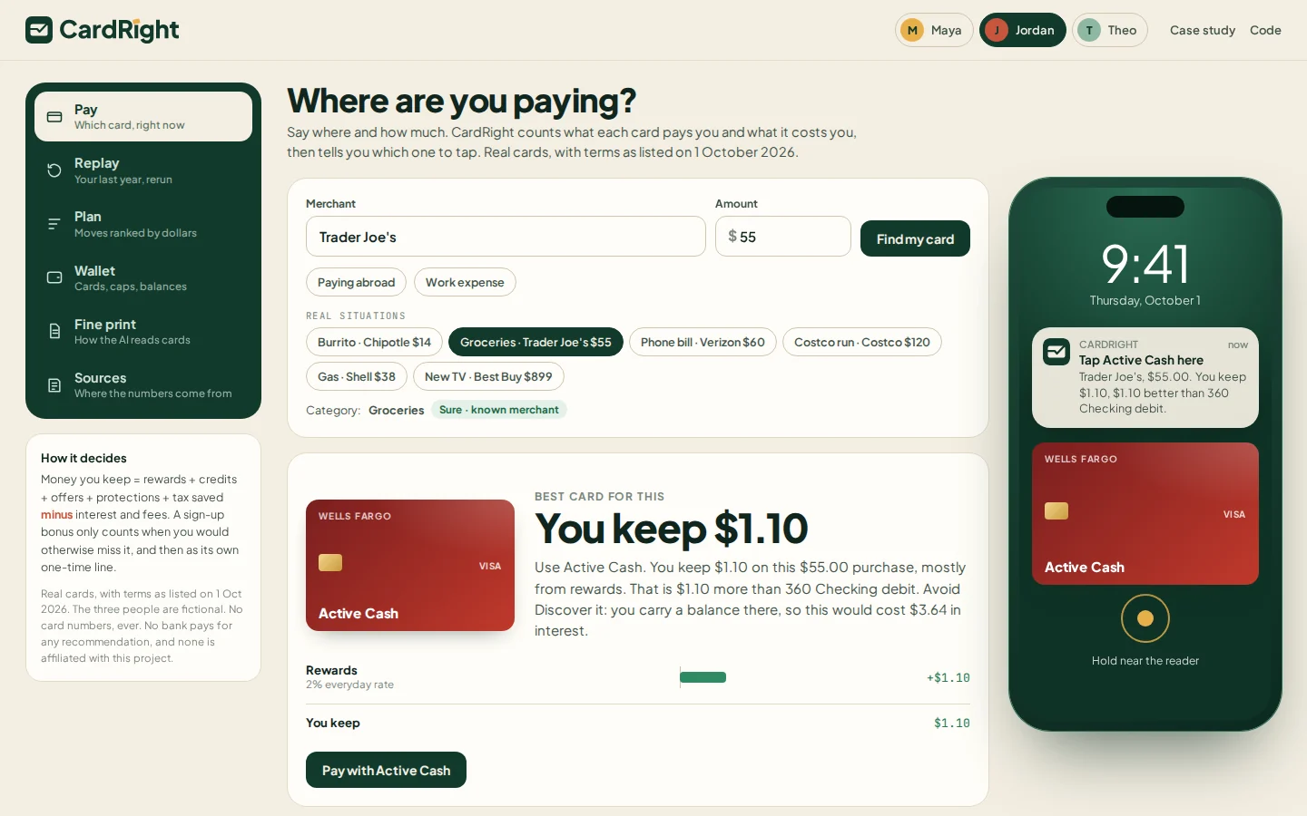 CardRight recommending a card at checkout with the full breakdown and a phone notification