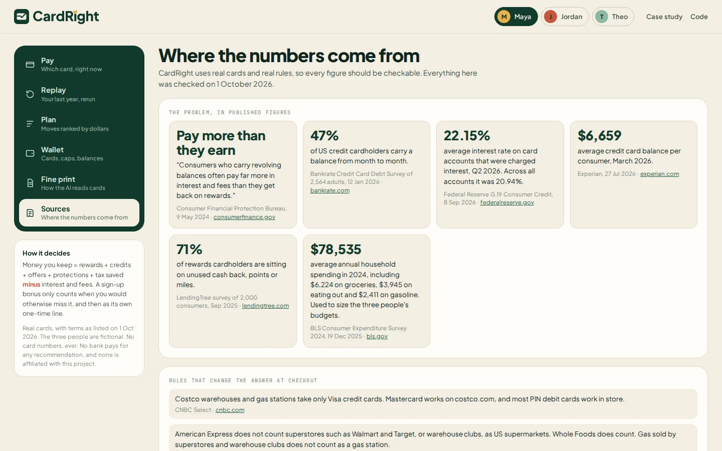 Sources view listing statistics, rules and card terms with links