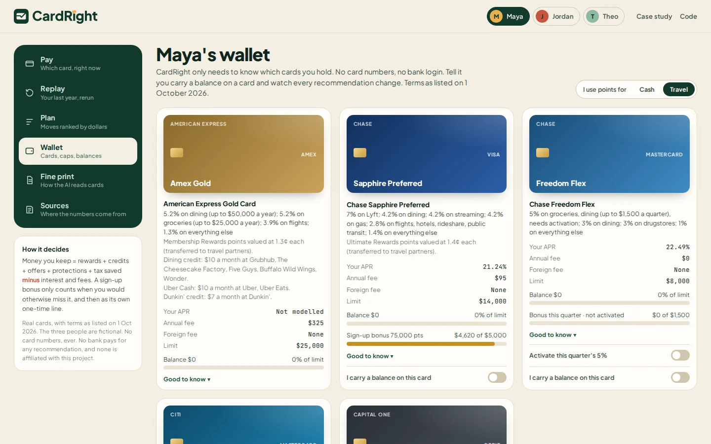 Wallet view with real cards and progress meters