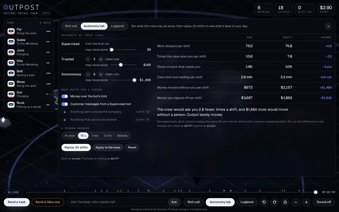 The Autonomy lab: sliders for the money limit at each trust level on the left, and a table comparing the current setup with a draft on the right