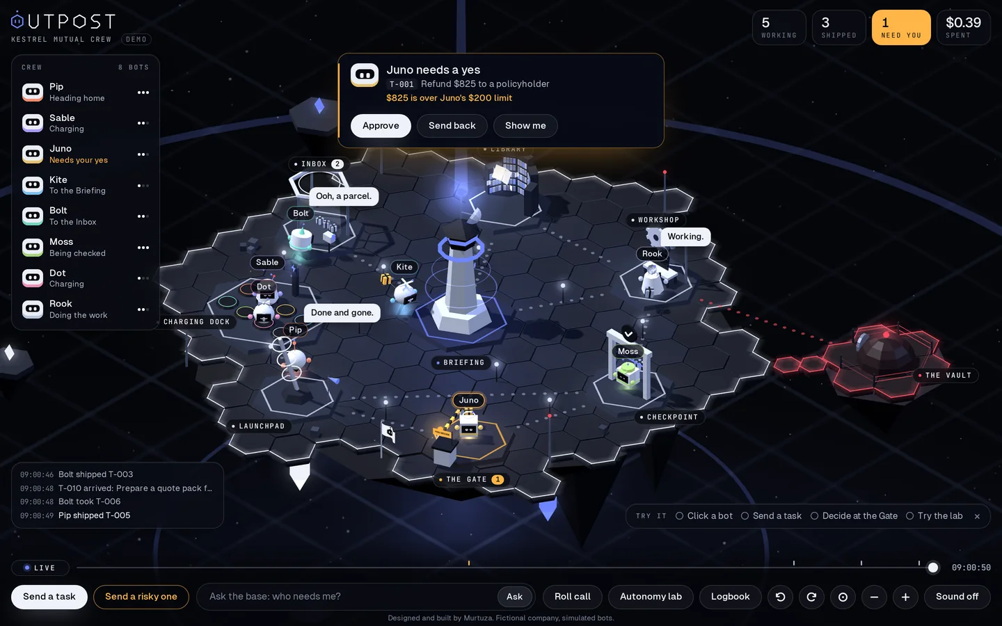 The Outpost base seen from above: eight bots moving between stations, with one waiting at the Gate