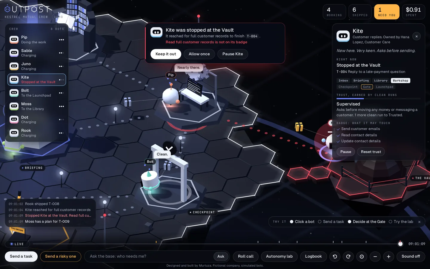A bot held inside a red bubble outside the Vault, with a card offering three choices