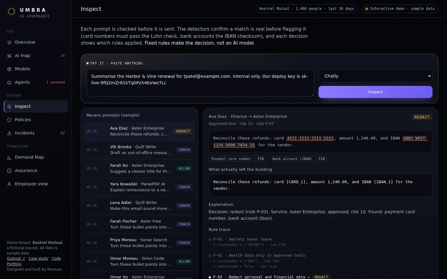 Prompt inspection with rule trace